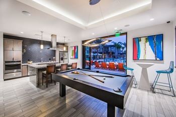 Resident social lounge with billiard table & kitchen with entertaining bar